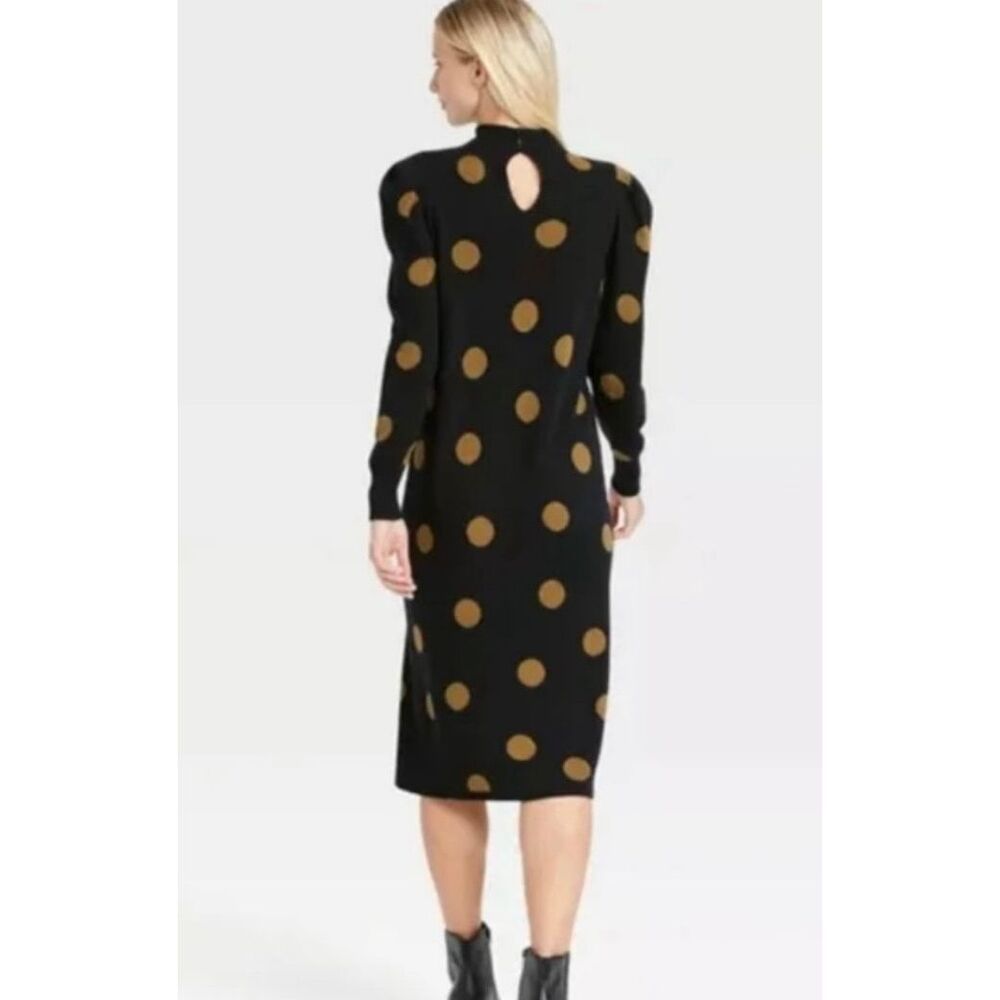 Who What Wear Black Gold Polka Dot Midi Sweater Dress Size Large Puff Sleeve